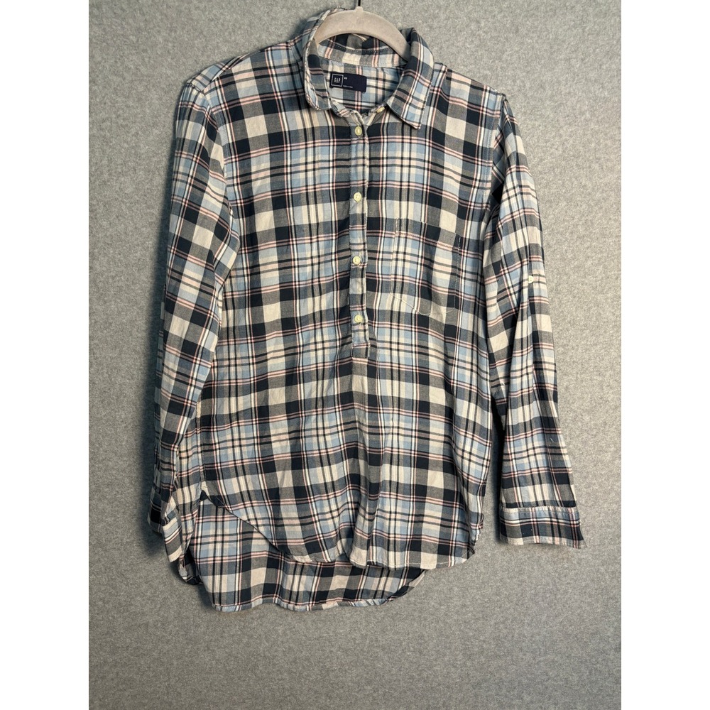 Gap Plaid Popover Flannel Shirt Women's XS Blue Pink 100% Cotton Lightweight